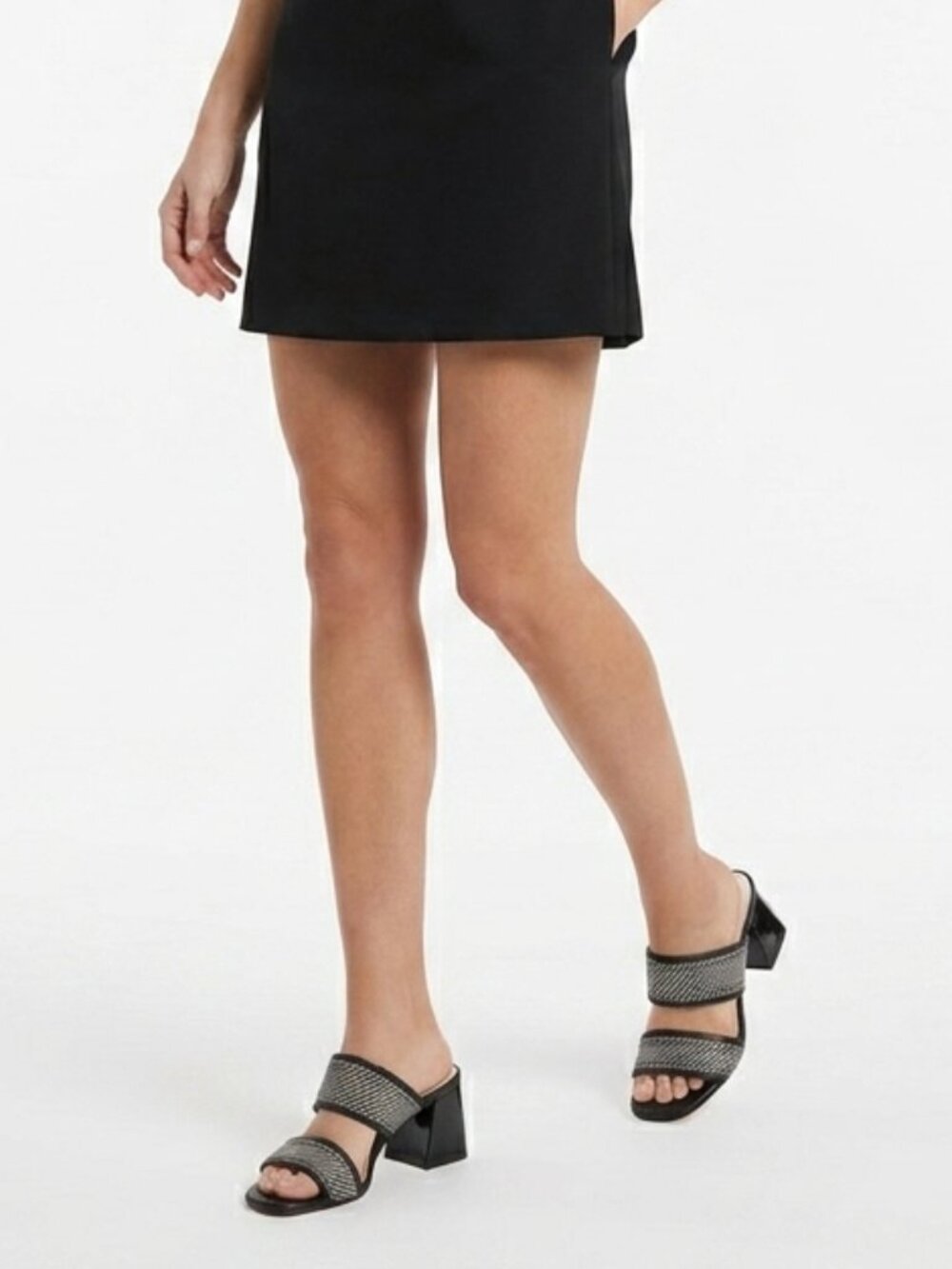 CAPELLI ROSSI BLACK WHITE INDI-90 STRAPPY SLIP ON GLOSSY BLOCK HEEL SANDALS - 9